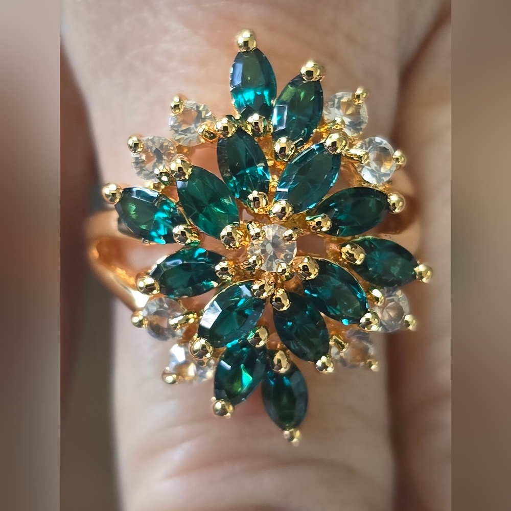 Gold Tone and Green Gemstone Floral Statement Ring